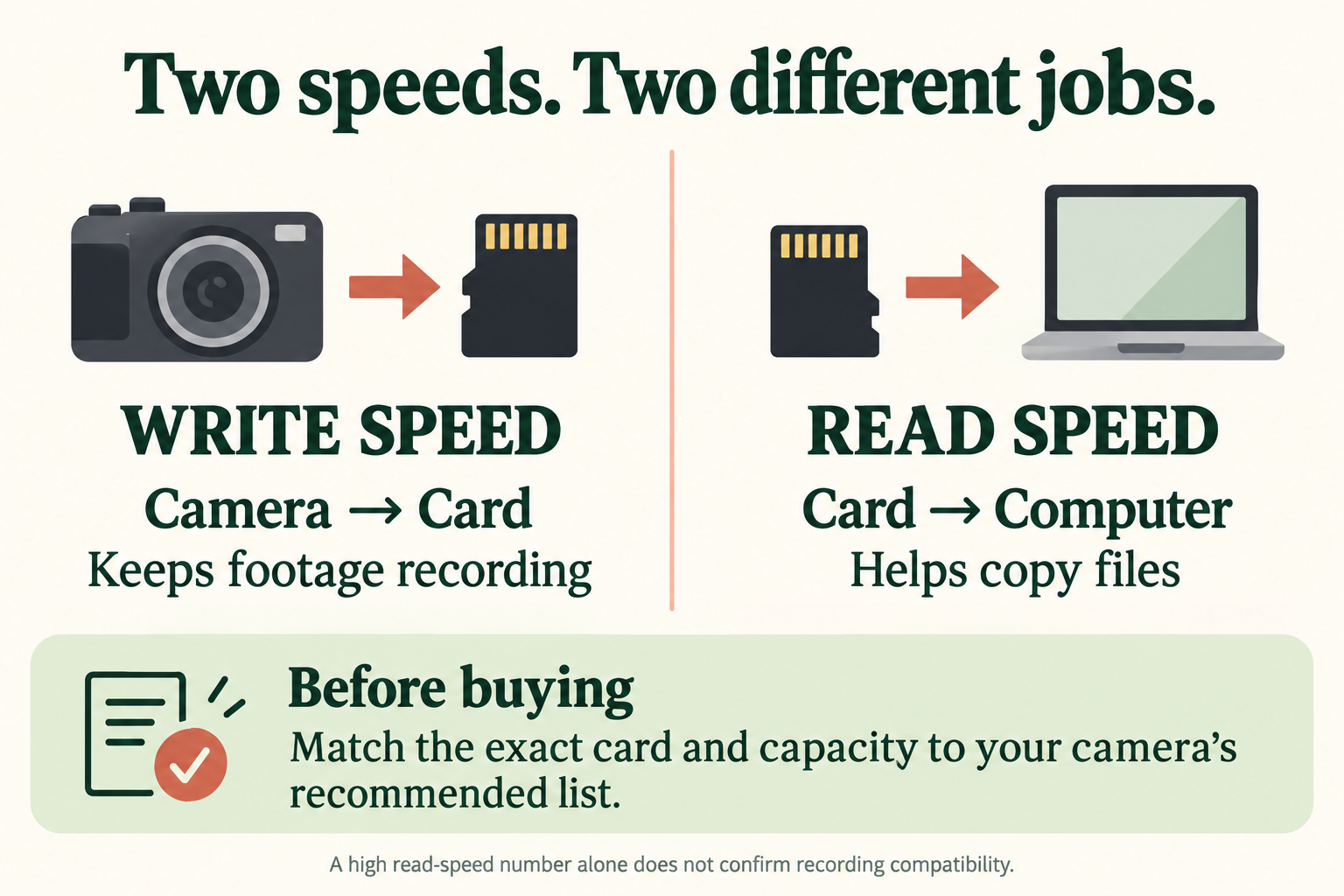 Write speed supports saving footage from camera to card; read speed helps copy files from card to computer. Match the exact card and capacity to the camera’s recommended list.