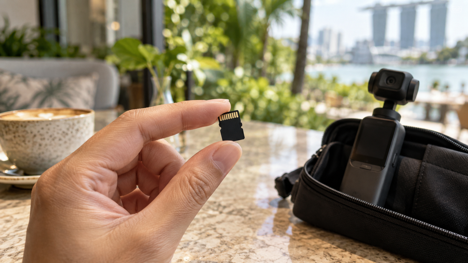Hand holding a microSD card beside a compact gimbal camera and travel pouch on a café table