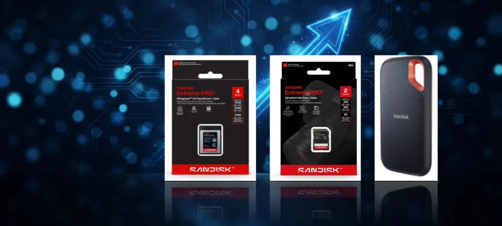 SanDisk Extreme PRO CFexpress card, SD UHS-II pack and portable SSD on a dark blue background with a rising arrow