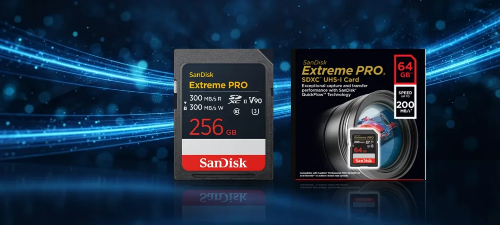 SanDisk Extreme PRO UHS-II V90 SD card and UHS-I SD card pack on a dark blue data-stream background